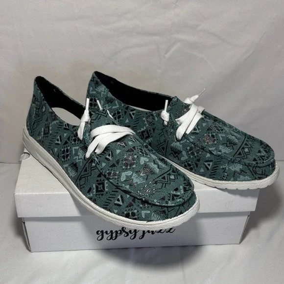 Gypsy Jazz Teal Geometric Slip-Ons - Picture 1 of 4